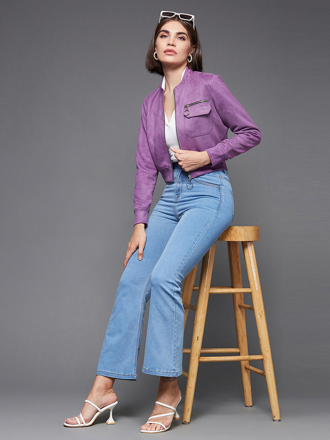 Women'S Dark Lavender Mandarin Collar Full-Sleeve Solid Crop Polyester Jacket