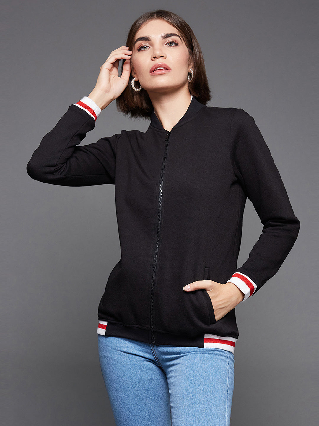 Women's Black V-Neck Full Sleeve Solid Fleece Multicolored Rib Detailing Zippered Bomber Jacket