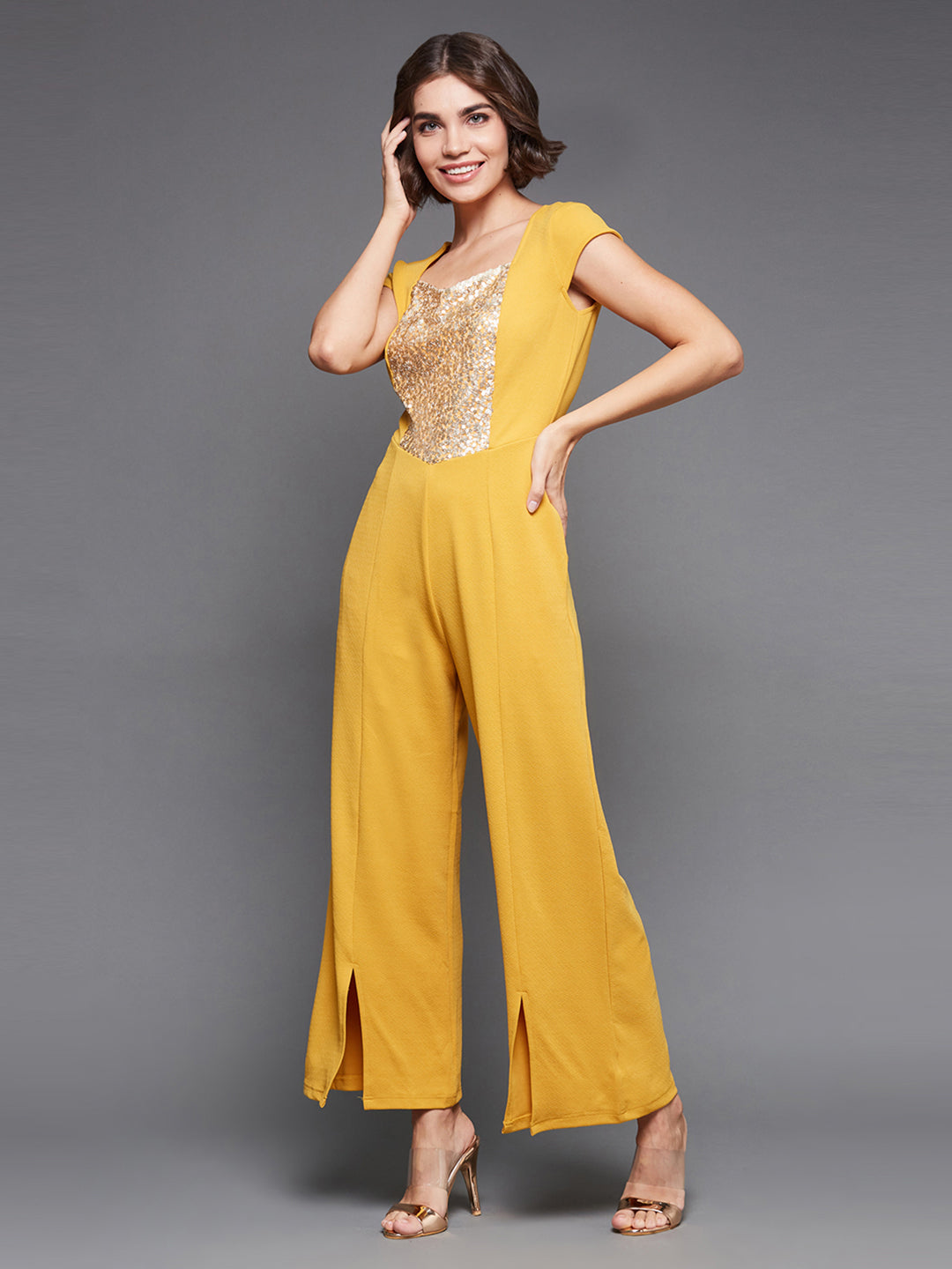 Crease Ease Women's Mustard & Golden Sequined Party Jumpsuit