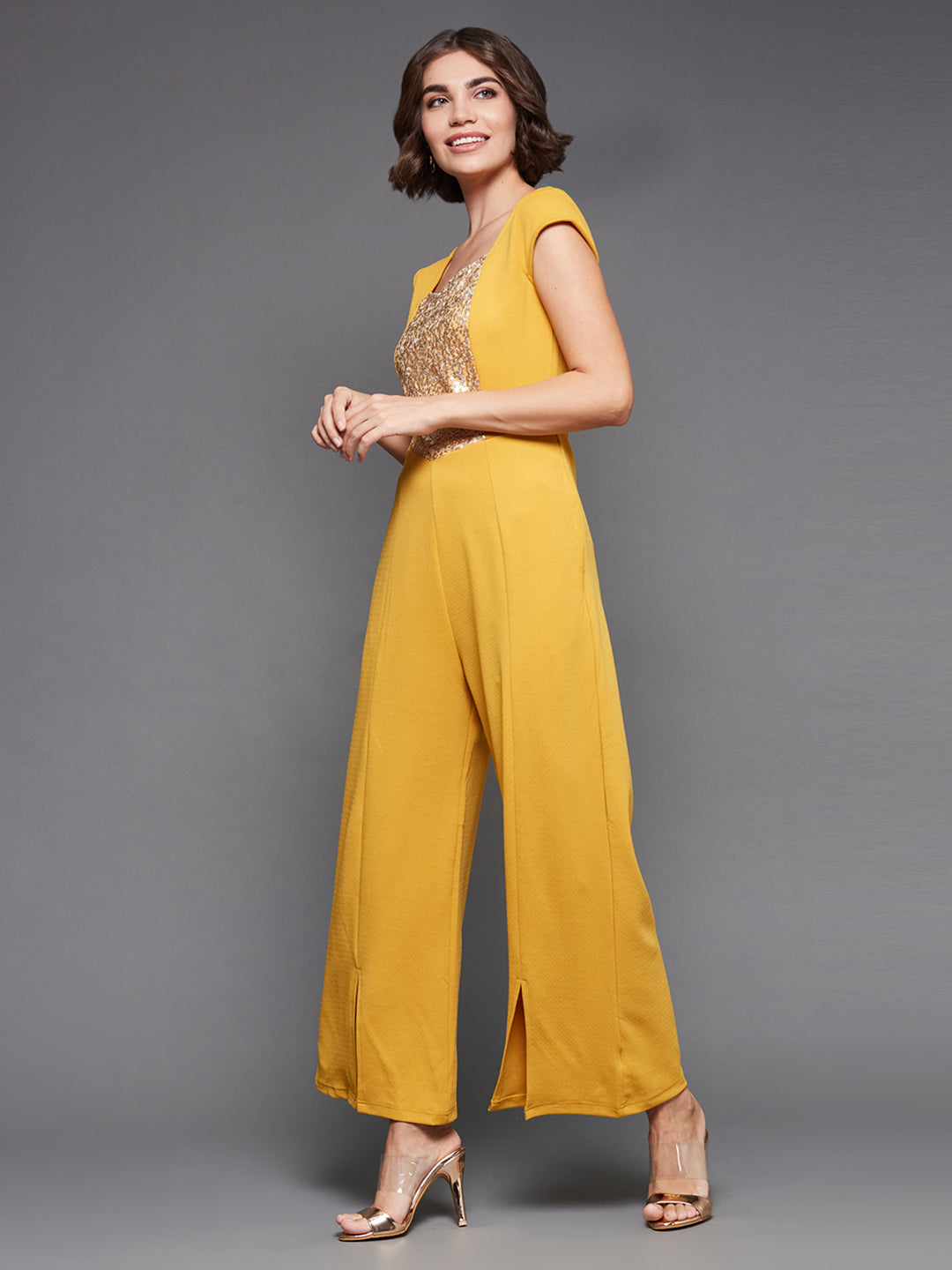 Crease Ease Women's Mustard & Golden Sequined Party Jumpsuit