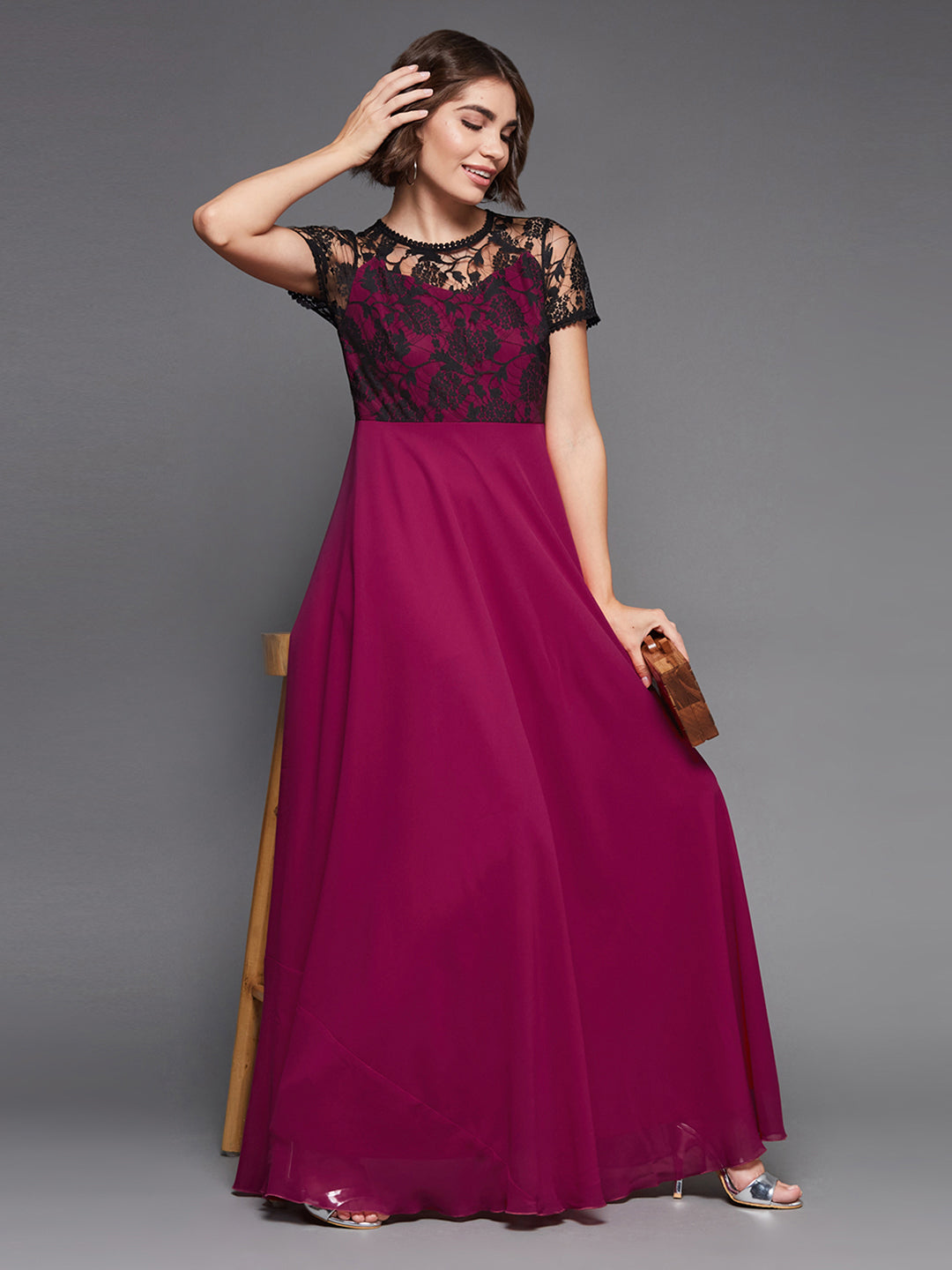 Women's Dark Pink Georgette Round Neck Short Sleeve Self Design Lace Overlaid Maxi Dress