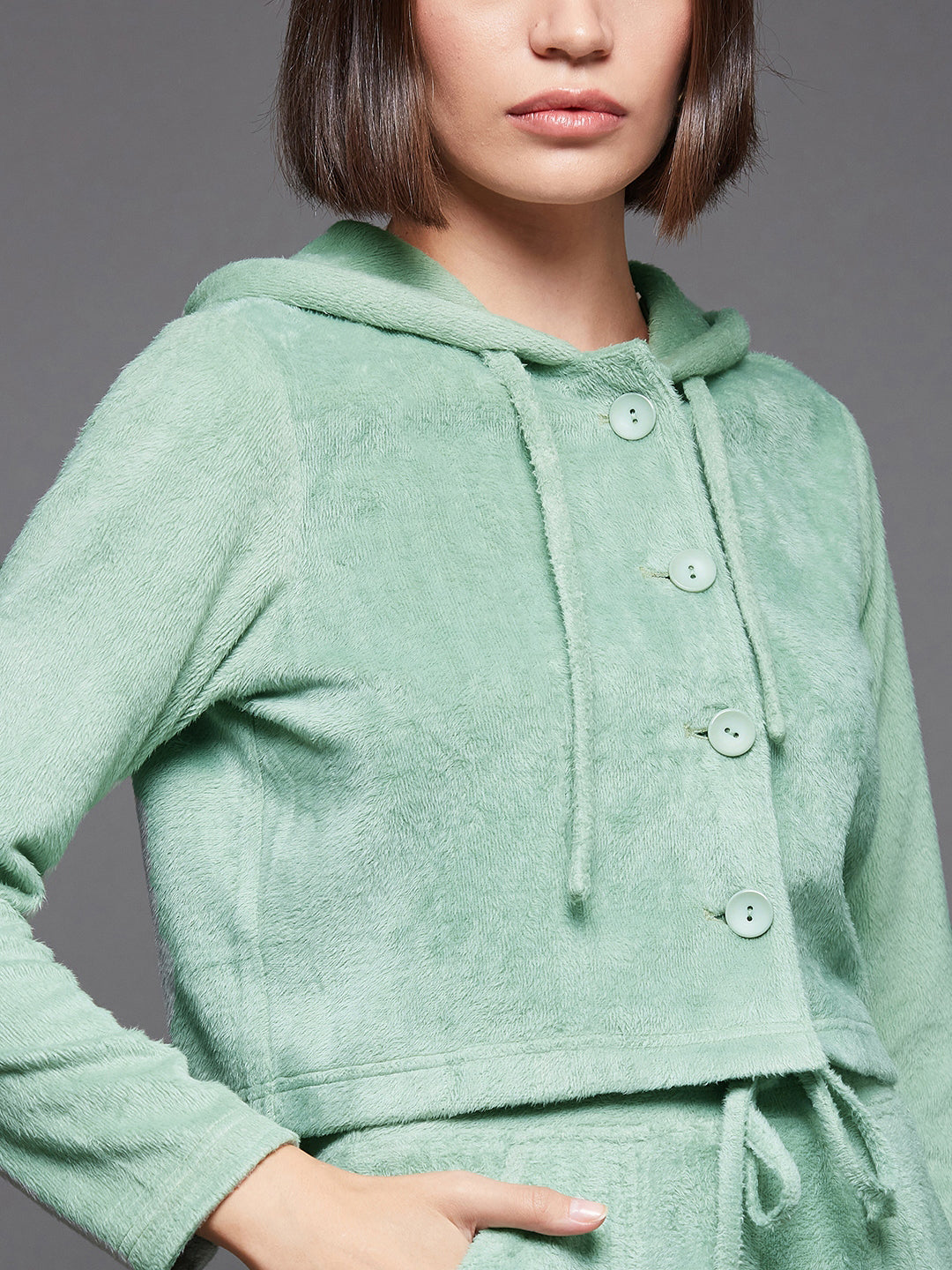 Women'S Sage Green Hooded Full-Sleeve Solid-Patterned Croped Hooded Regular-Length Polyester Co-Ord Set