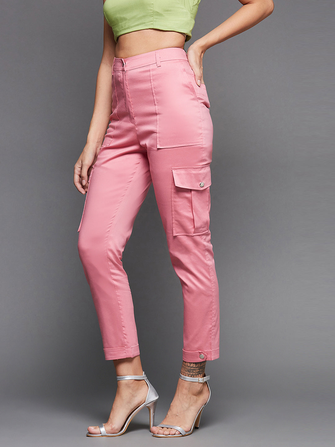 Women's Pink Solid Polyester High Waist Regular Length Trouser