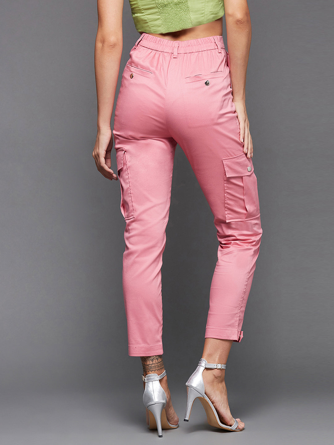 Women's Pink Solid Polyester High Waist Regular Length Trouser