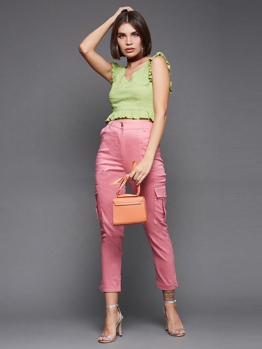 Women's Pink Solid Polyester High Waist Regular Length Trouser