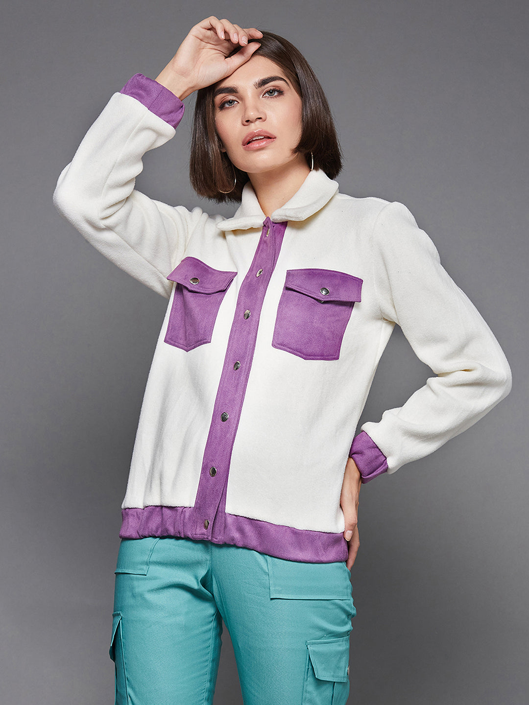 Women'S Off White & Dark Lavender Shirt-Collared Full-Sleeve Regular-Length Polyester Bomber Jacket