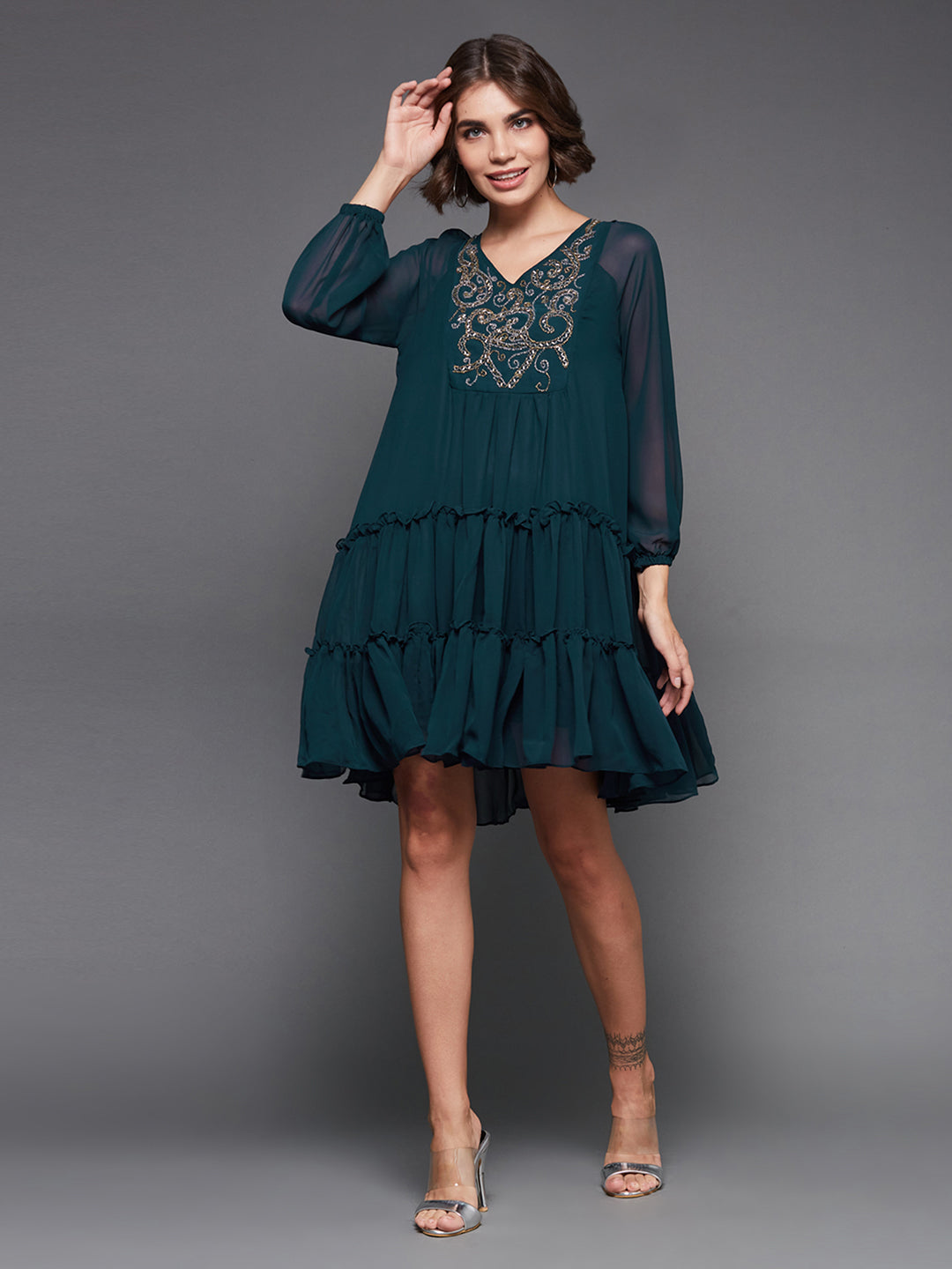 Women's Teal V-neck Full Sleeve Solid Embellished Knee Length Dress