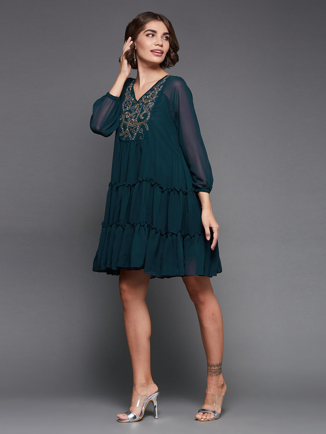 Women's Teal V-neck Full Sleeve Solid Embellished Knee Length Dress