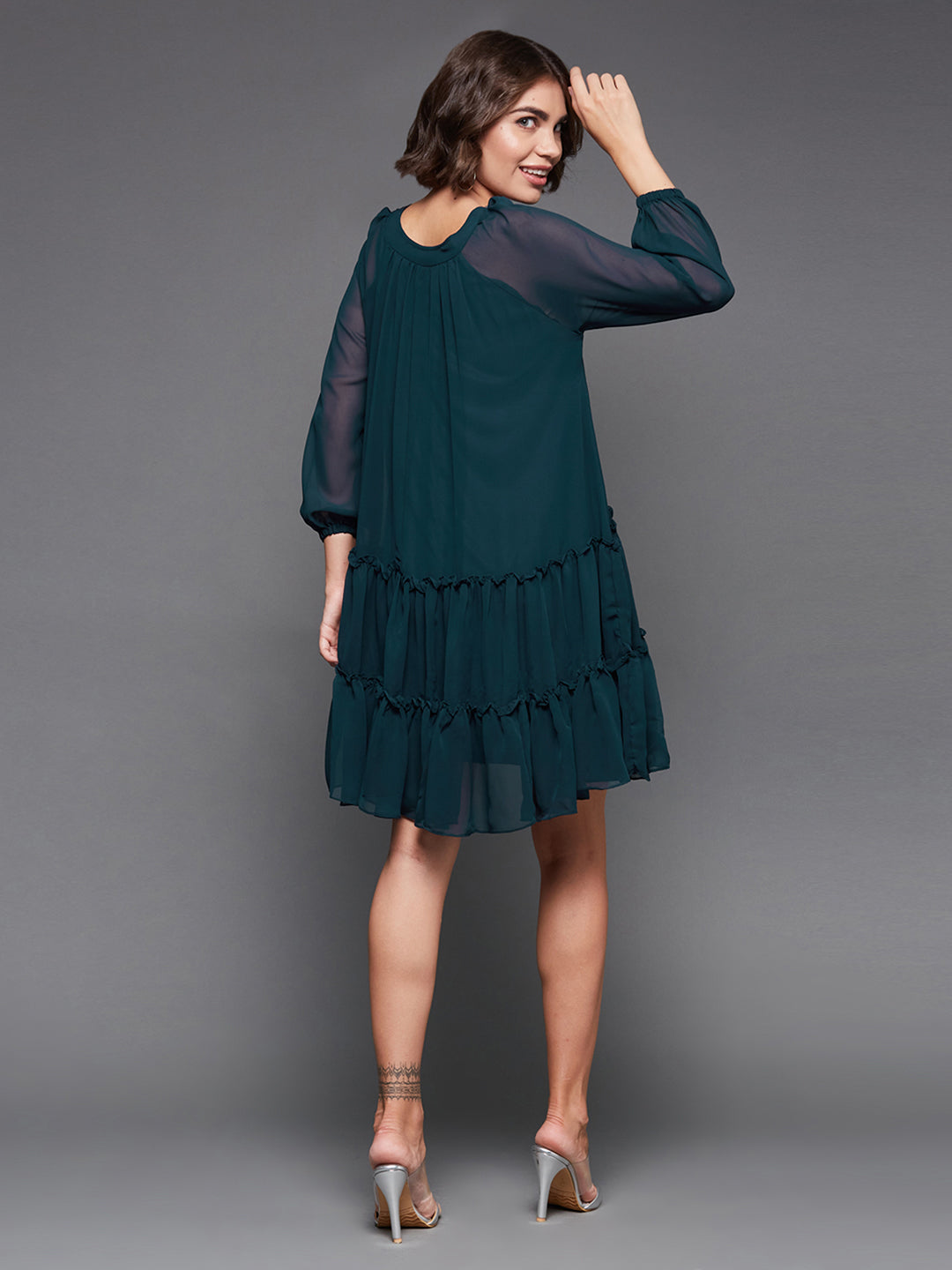 Women's Teal V-neck Full Sleeve Solid Embellished Knee Length Dress