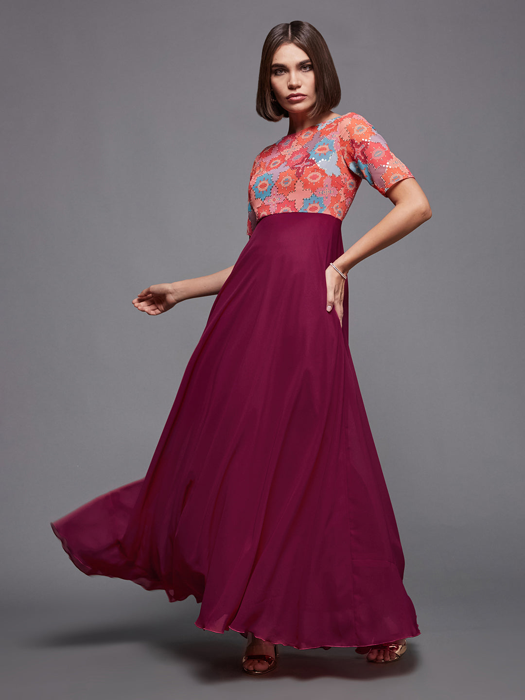 Women's Multicolored-Base-Dark Pink Boat Neck Half Sleeve Geometric Fit & Flare Georgette Maxi Dress
