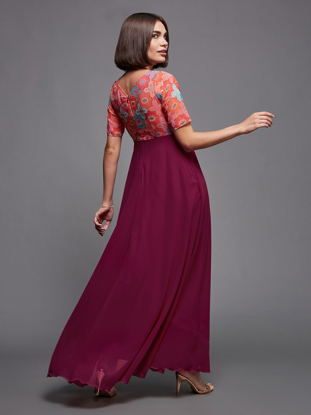 Women's Multicolored-Base-Dark Pink Boat Neck Half Sleeve Geometric Fit & Flare Georgette Maxi Dress
