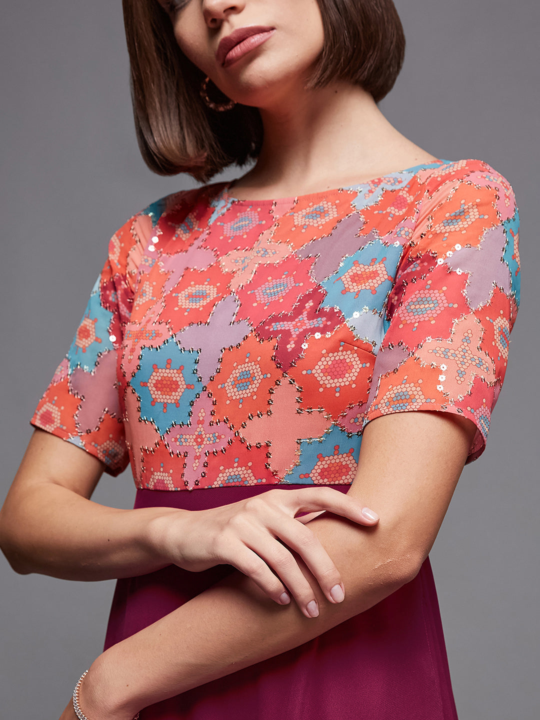 Women's Multicolored-Base-Dark Pink Boat Neck Half Sleeve Geometric Fit & Flare Georgette Maxi Dress