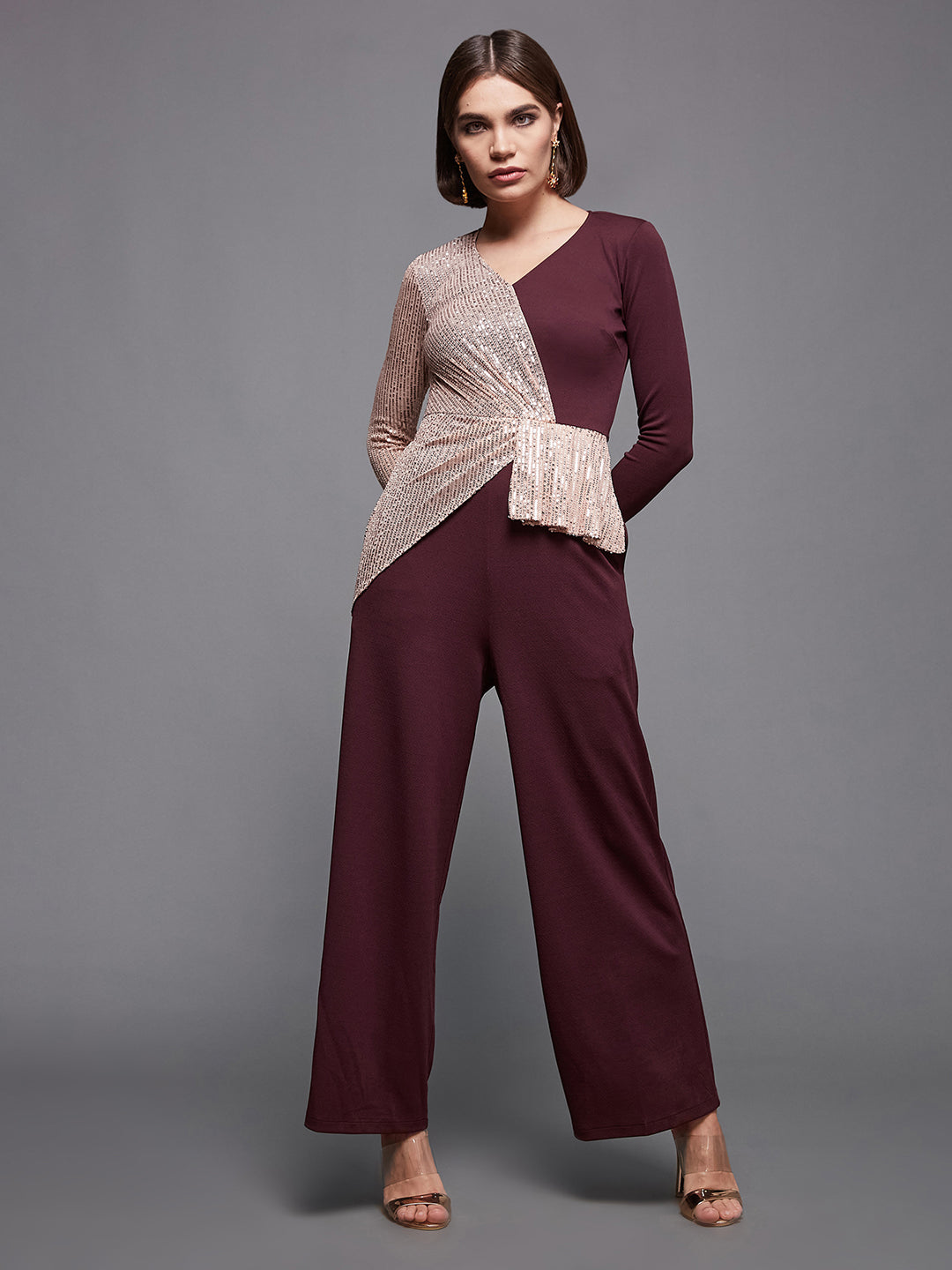 Crease Ease Cocktail Women's Wine & Beige V-Neck Full Sleeves Sequined Party Jumpsuit