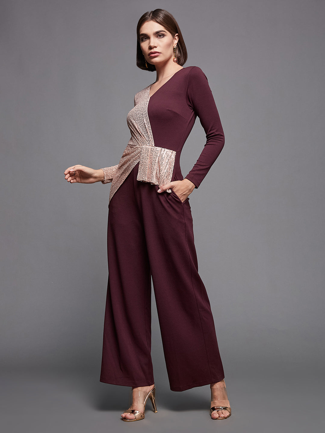 Crease Ease Cocktail Women's Wine & Beige V-Neck Full Sleeves Sequined Party Jumpsuit