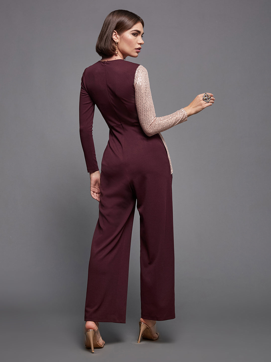 Crease Ease Cocktail Women's Wine & Beige V-Neck Full Sleeves Sequined Party Jumpsuit