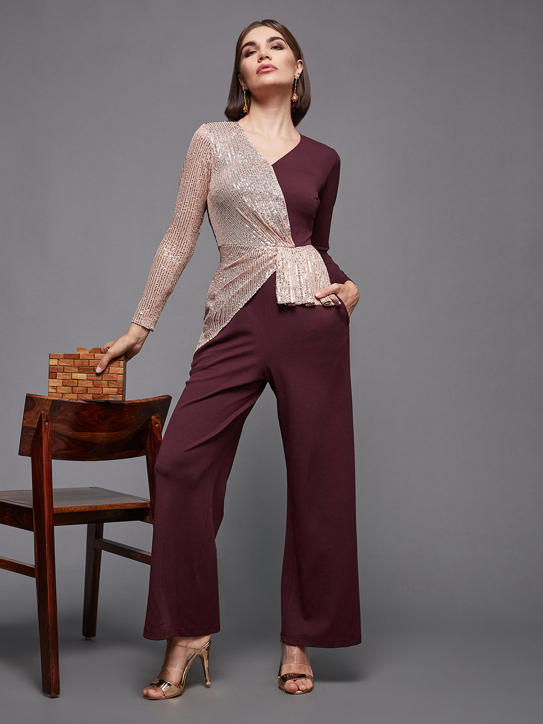 Crease Ease Cocktail Women's Wine & Beige V-Neck Full Sleeves Sequined Party Jumpsuit