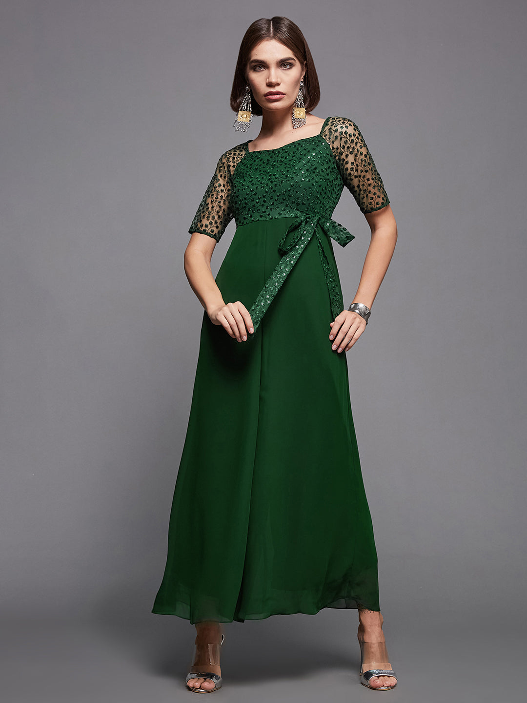 Women's Dark Green Square Neck Raglan sleeve Solid Embroidered Regular Jumpsuit