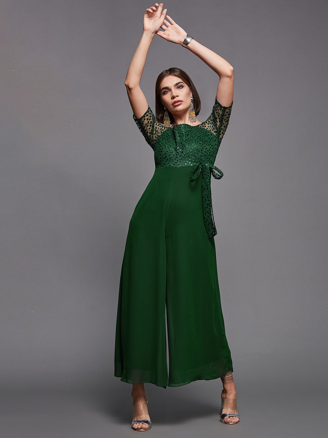 Women's Dark Green Square Neck Raglan sleeve Solid Embroidered Regular Jumpsuit