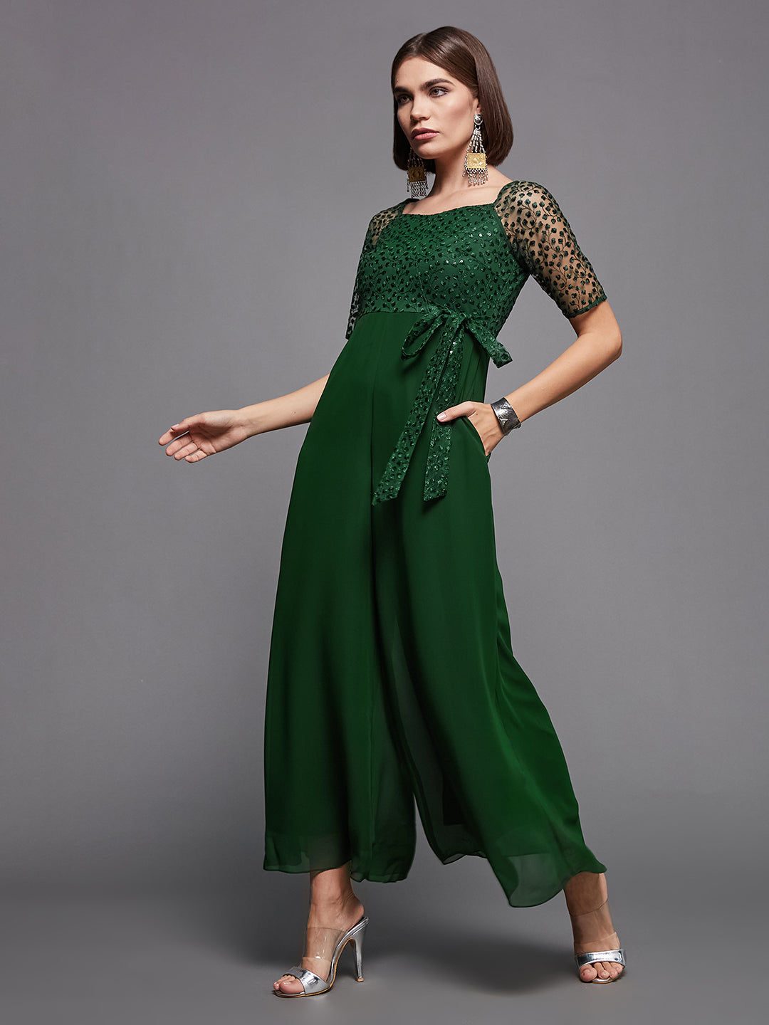 Women's Dark Green Square Neck Raglan sleeve Solid Embroidered Regular Jumpsuit