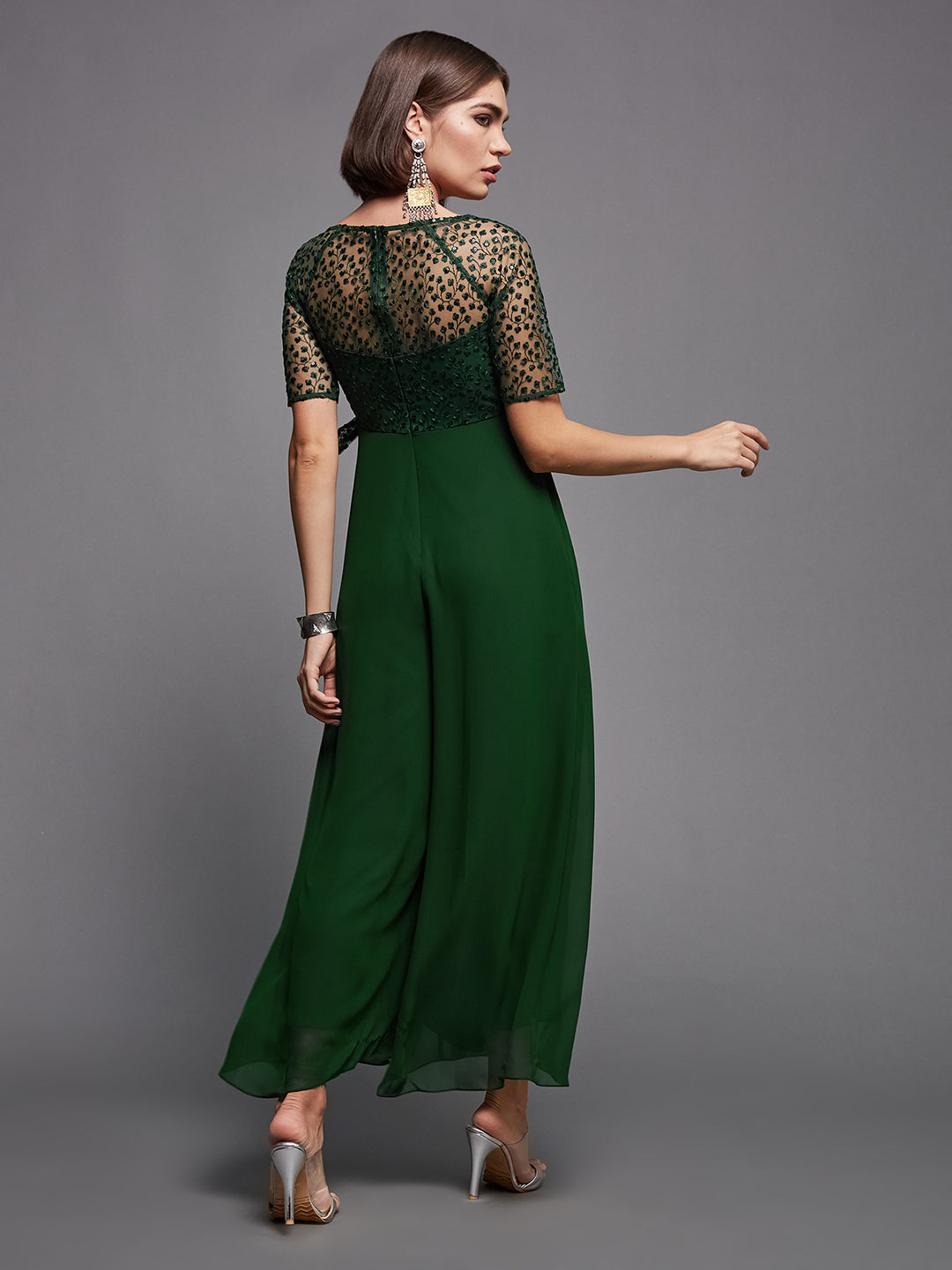 Women's Dark Green Square Neck Raglan sleeve Solid Embroidered Regular Jumpsuit