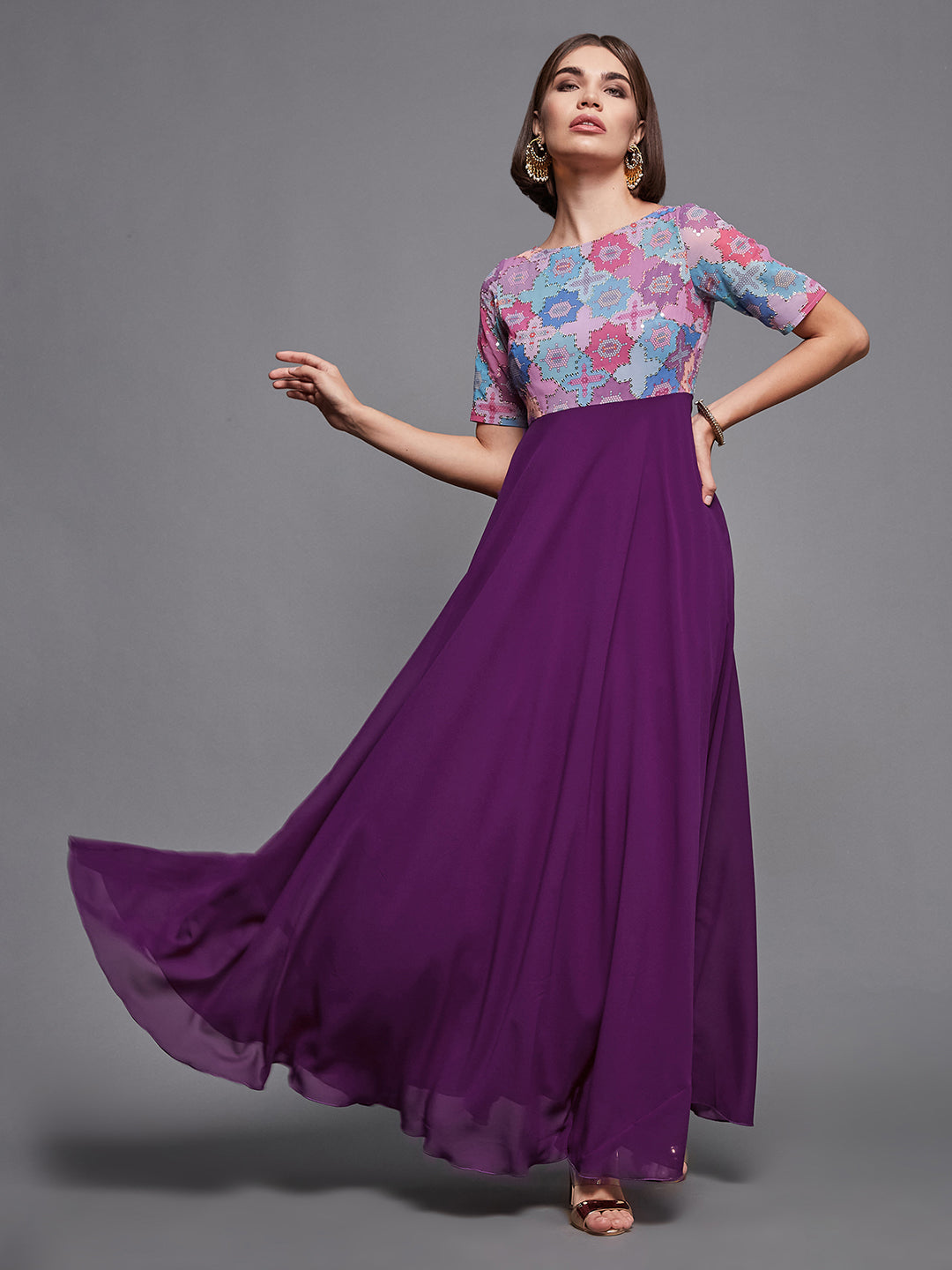 Women's Multicolored-Base-Dark Purple Boat Neck Half Sleeve Geometric Fit & Flare Georgette Maxi Dress