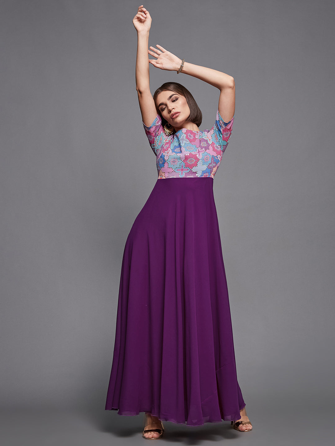 Women's Multicolored-Base-Dark Purple Boat Neck Half Sleeve Geometric Fit & Flare Georgette Maxi Dress