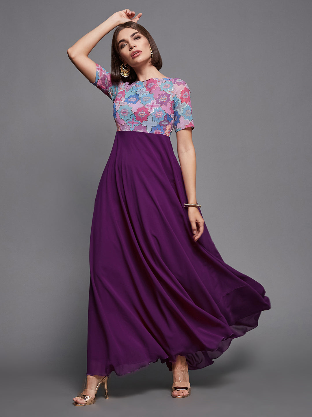 Women's Multicolored-Base-Dark Purple Boat Neck Half Sleeve Geometric Fit & Flare Georgette Maxi Dress