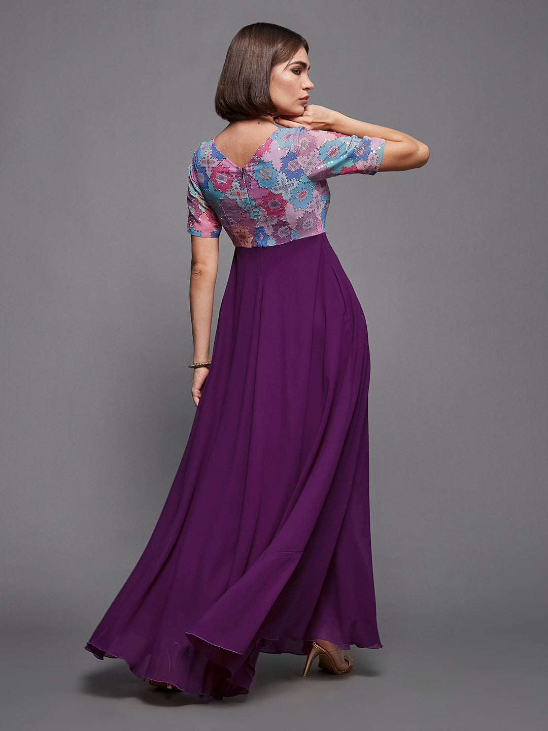 Women's Multicolored-Base-Dark Purple Boat Neck Half Sleeve Geometric Fit & Flare Georgette Maxi Dress