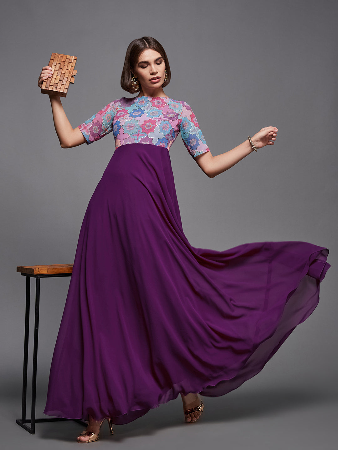 Women's Multicolored-Base-Dark Purple Boat Neck Half Sleeve Geometric Fit & Flare Georgette Maxi Dress