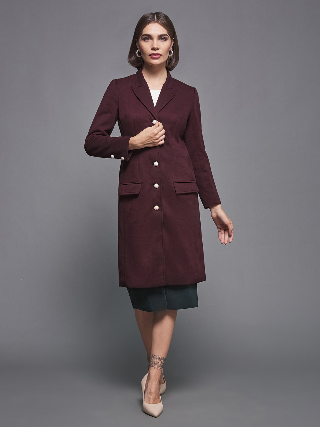 Women's Wine Notch Collar Full Sleeve Solid Front-Open Knee Length Jacket