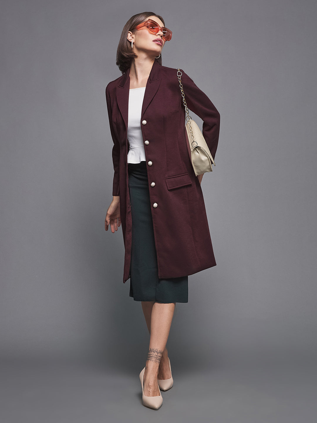 Women's Wine Notch Collar Full Sleeve Solid Front-Open Knee Length Jacket