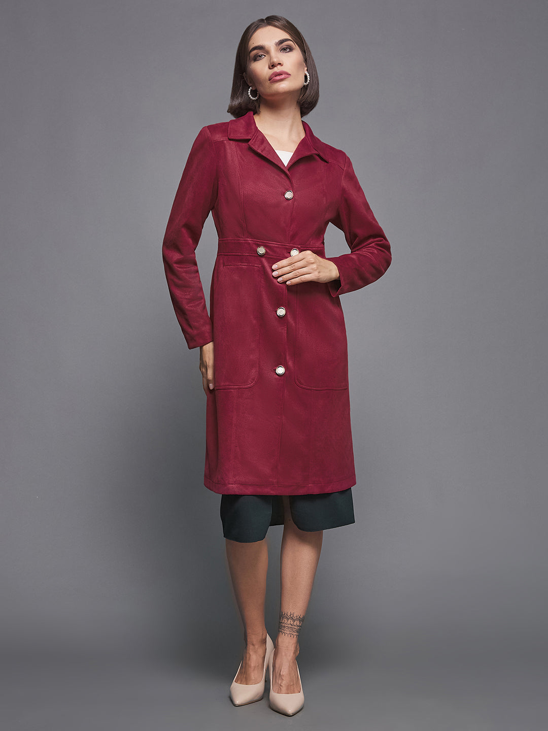 Women's Dark Red Solid Shirt Collar Full Sleeves Patched Pocketed Polyester Button Down Longline Blazer Jacket