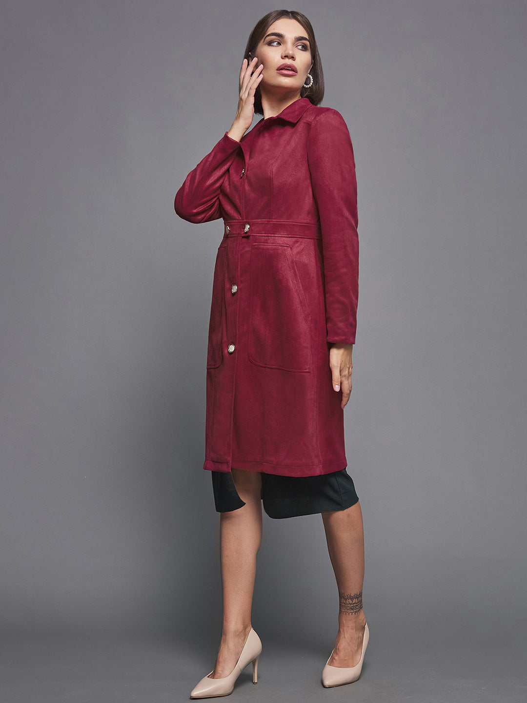 Women's Dark Red Solid Shirt Collar Full Sleeves Patched Pocketed Polyester Button Down Longline Blazer Jacket