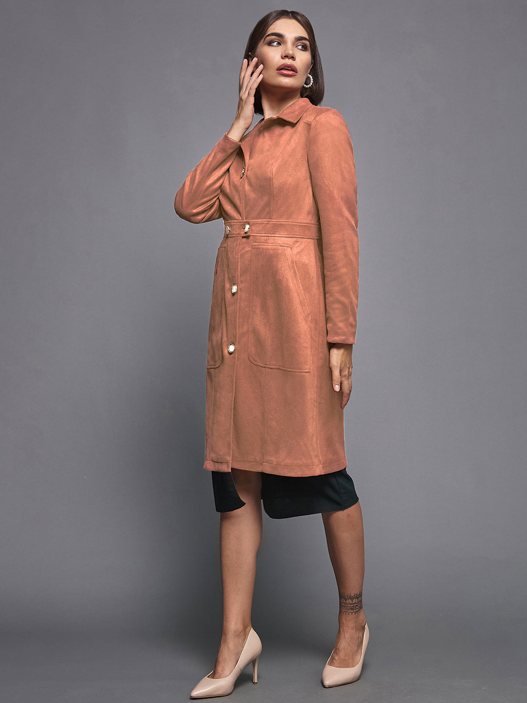 Women's Dusty Peach Shirt-Collar Full Sleeves Solid Button-down Longline Polyester Blazer Jacket