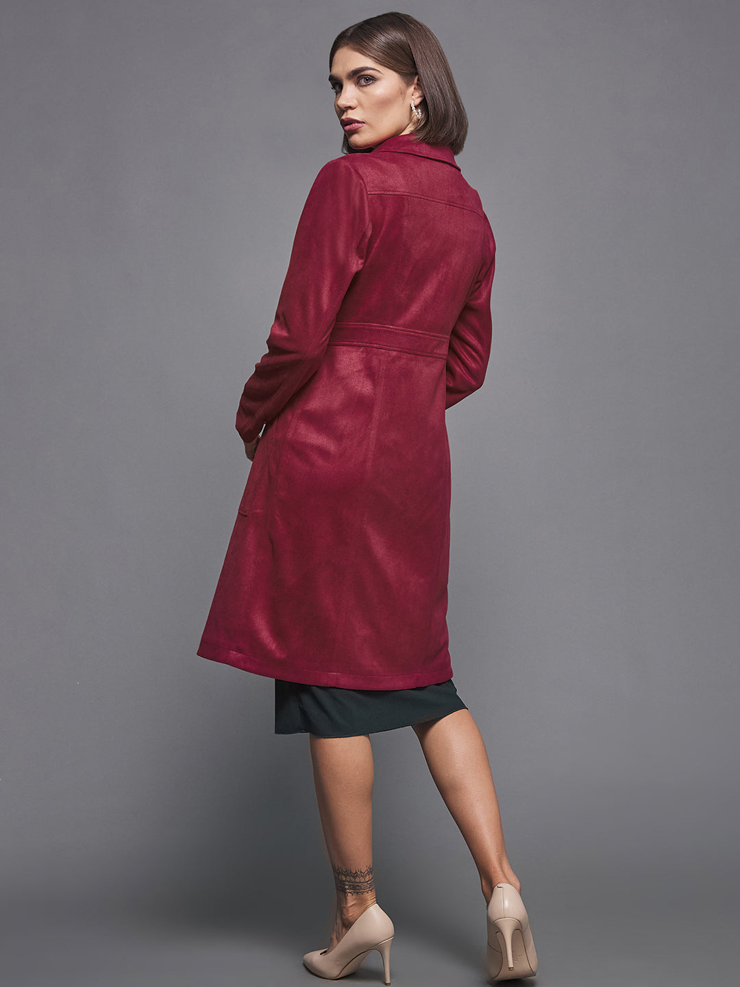 Women's Dark Red Solid Shirt Collar Full Sleeves Patched Pocketed Polyester Button Down Longline Blazer Jacket