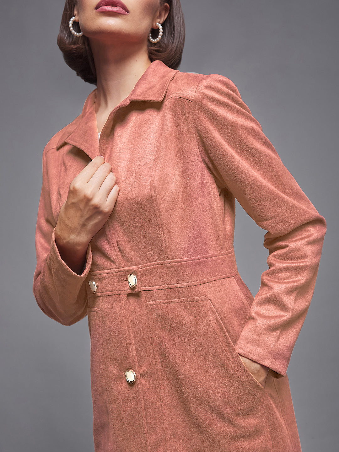 Women's Dusty Peach Shirt-Collar Full Sleeves Solid Button-down Longline Polyester Blazer Jacket