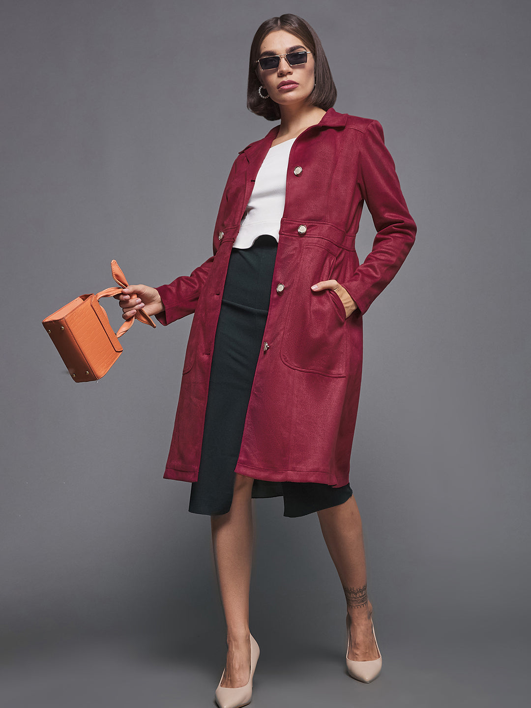 Women's Dark Red Solid Shirt Collar Full Sleeves Patched Pocketed Polyester Button Down Longline Blazer Jacket