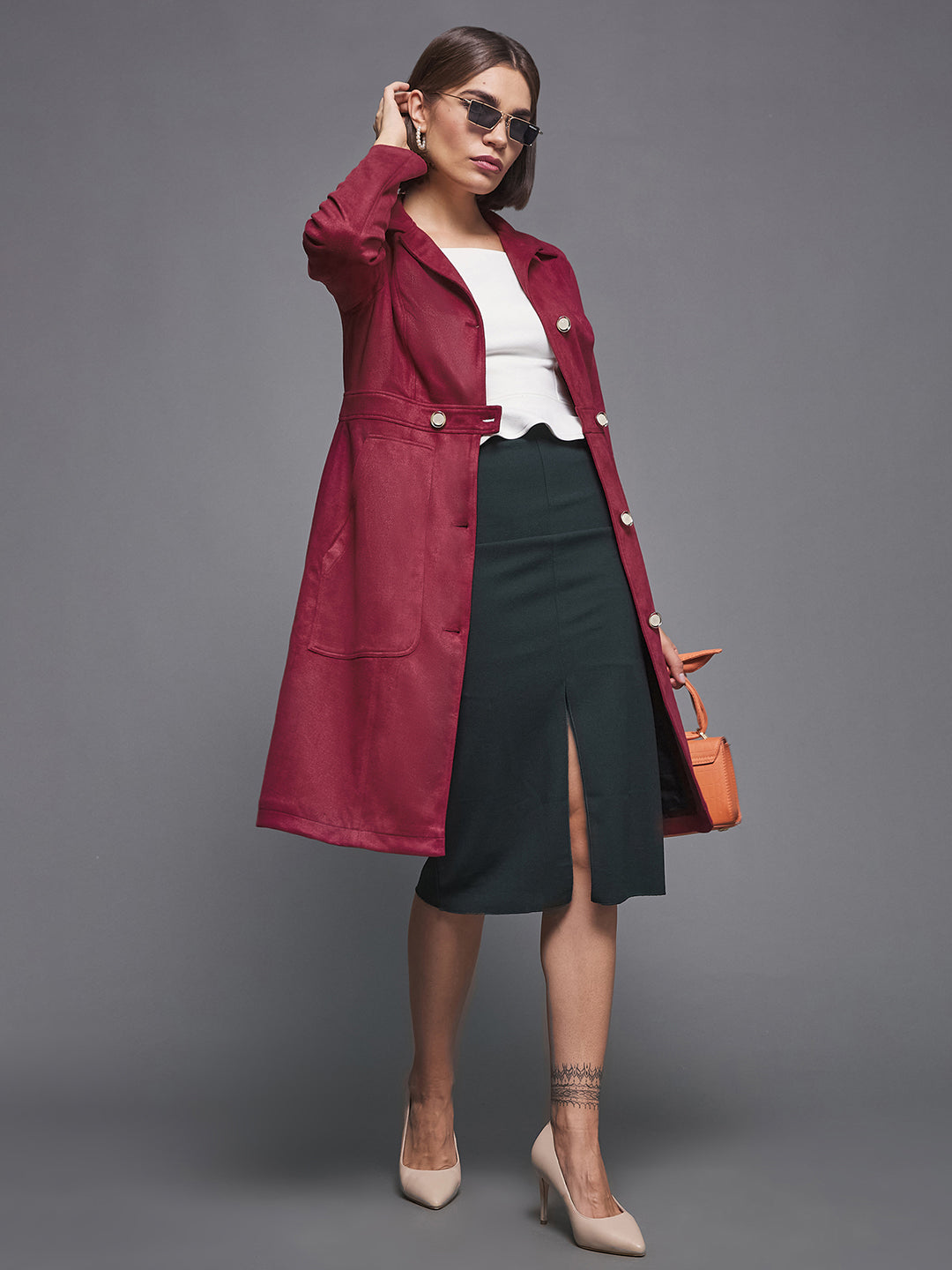 Women's Dark Red Solid Shirt Collar Full Sleeves Patched Pocketed Polyester Button Down Longline Blazer Jacket