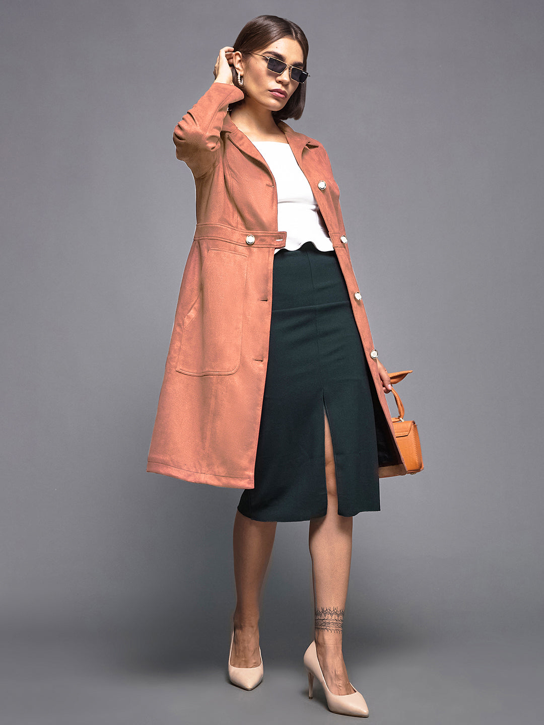 Women's Dusty Peach Shirt-Collar Full Sleeves Solid Button-down Longline Polyester Blazer Jacket