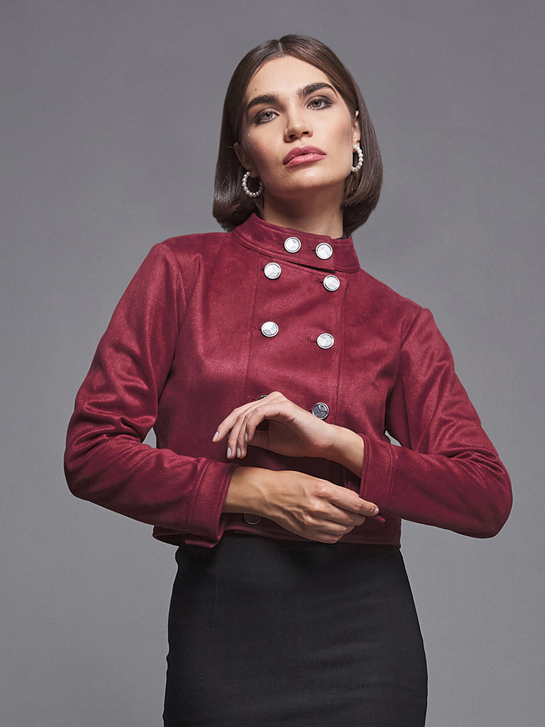 Women's Dark Red Mandarin Collar Full-Sleeve Solid Double Breasted Cropped Polyester Jacket