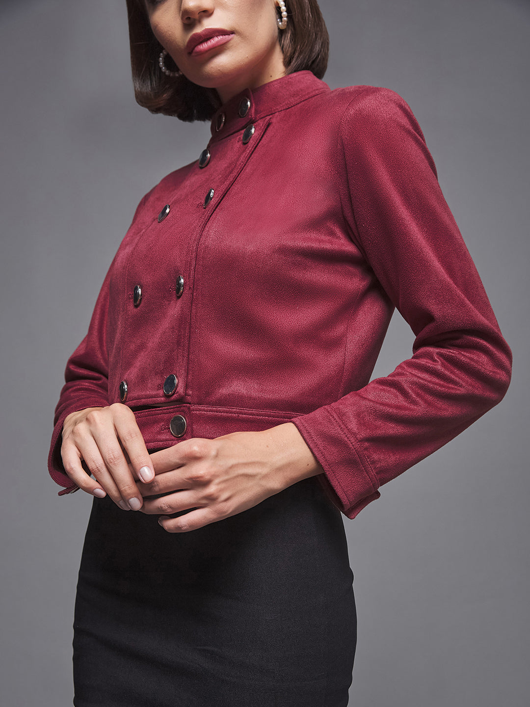 Women's Dark Red Mandarin Collar Full-Sleeve Solid Double Breasted Cropped Polyester Jacket