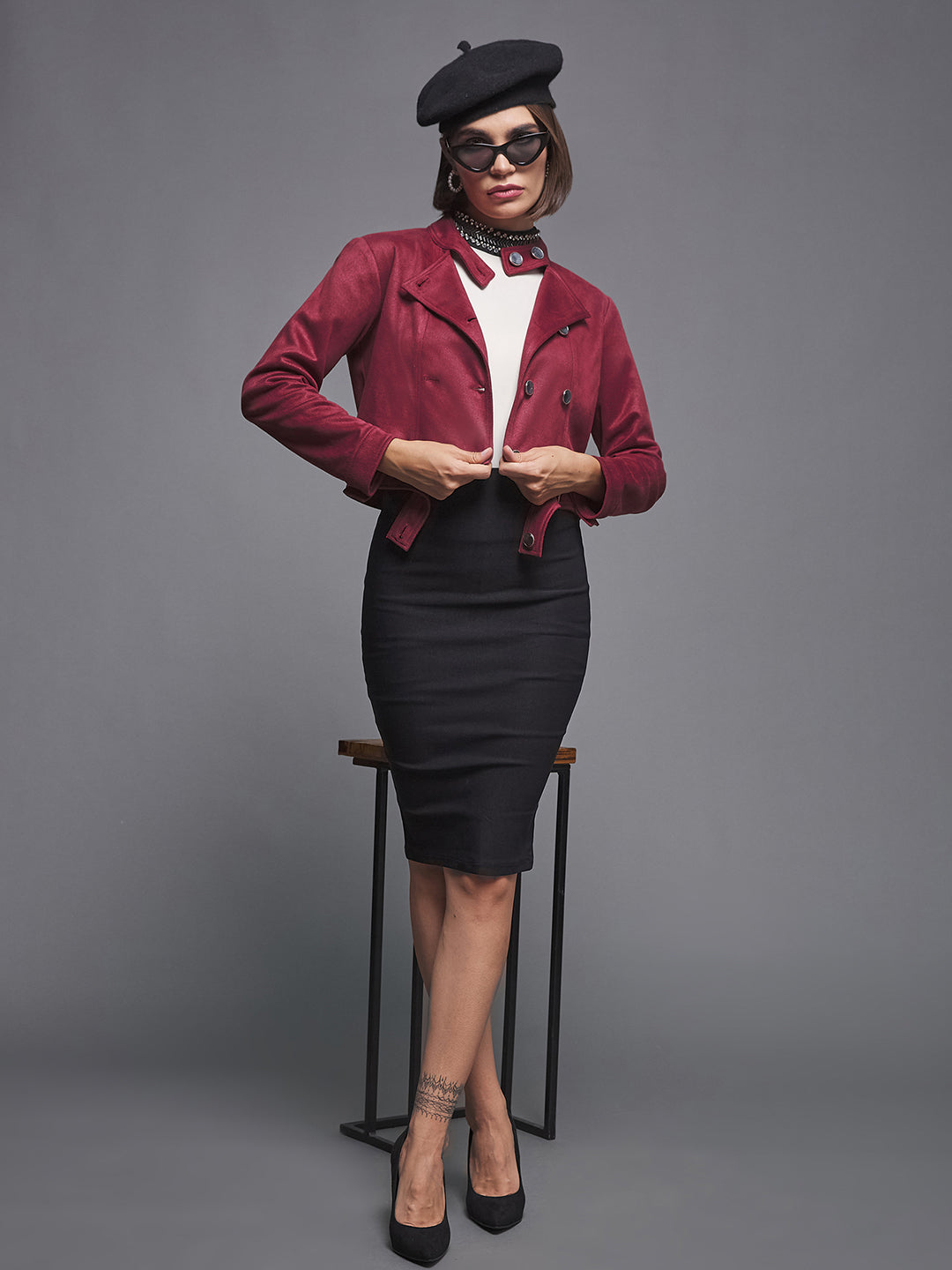 Women's Dark Red Mandarin Collar Full-Sleeve Solid Double Breasted Cropped Polyester Jacket