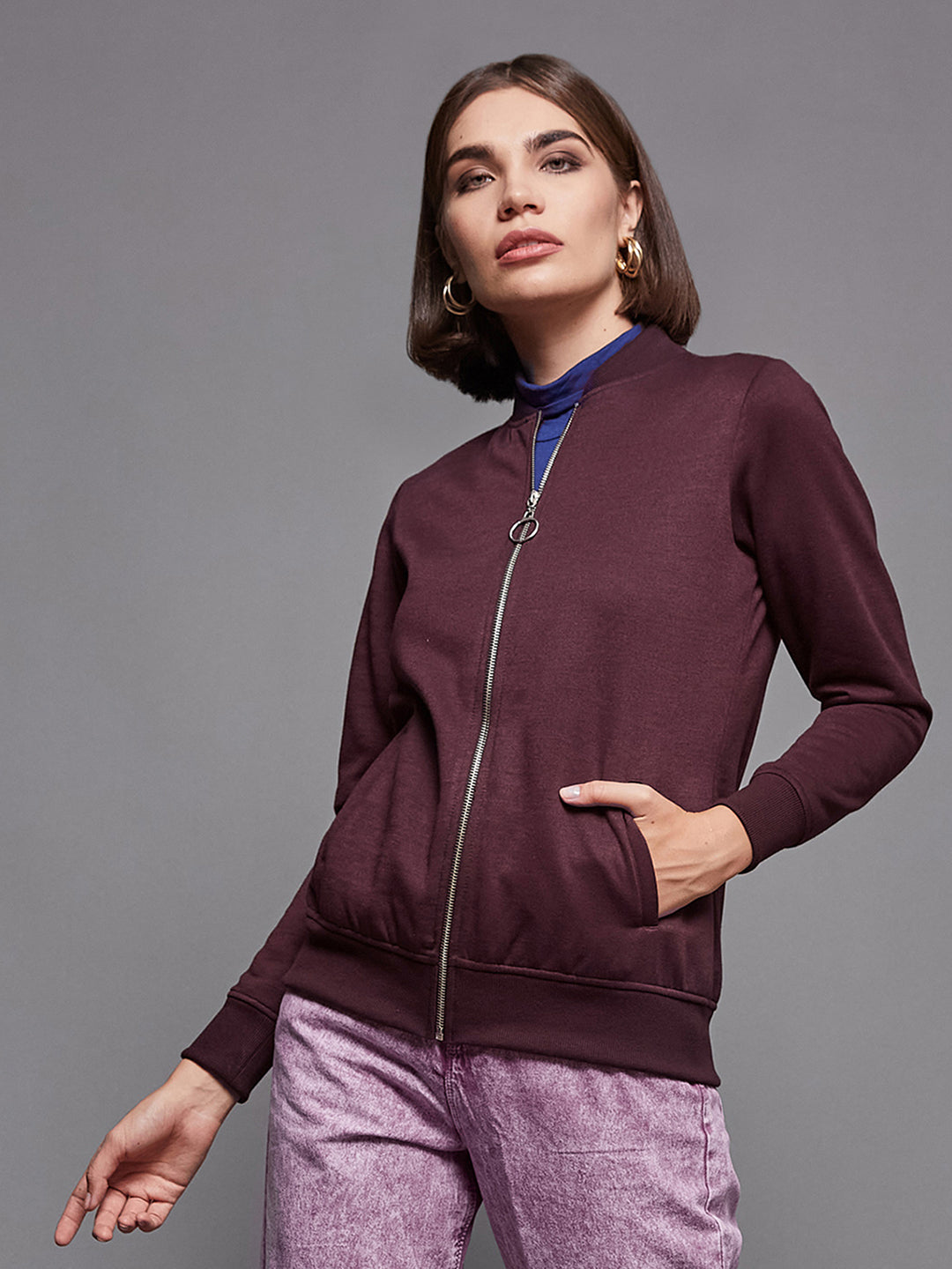 Women's Wine Round Neck Full Sleeve Polyester Solid Ring Puller Detailing Zippered Bomber Jacket