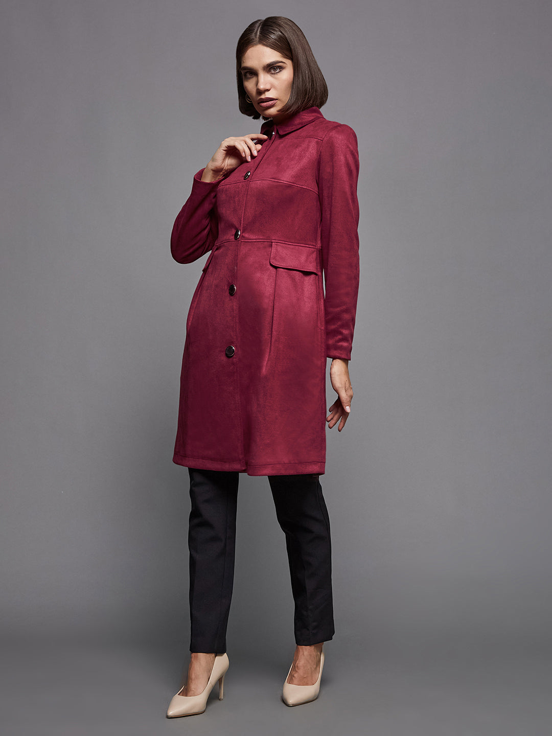 Women's Dark Red Shirt Collar Full-Sleeve Solid Knee-Long Winter Jacket