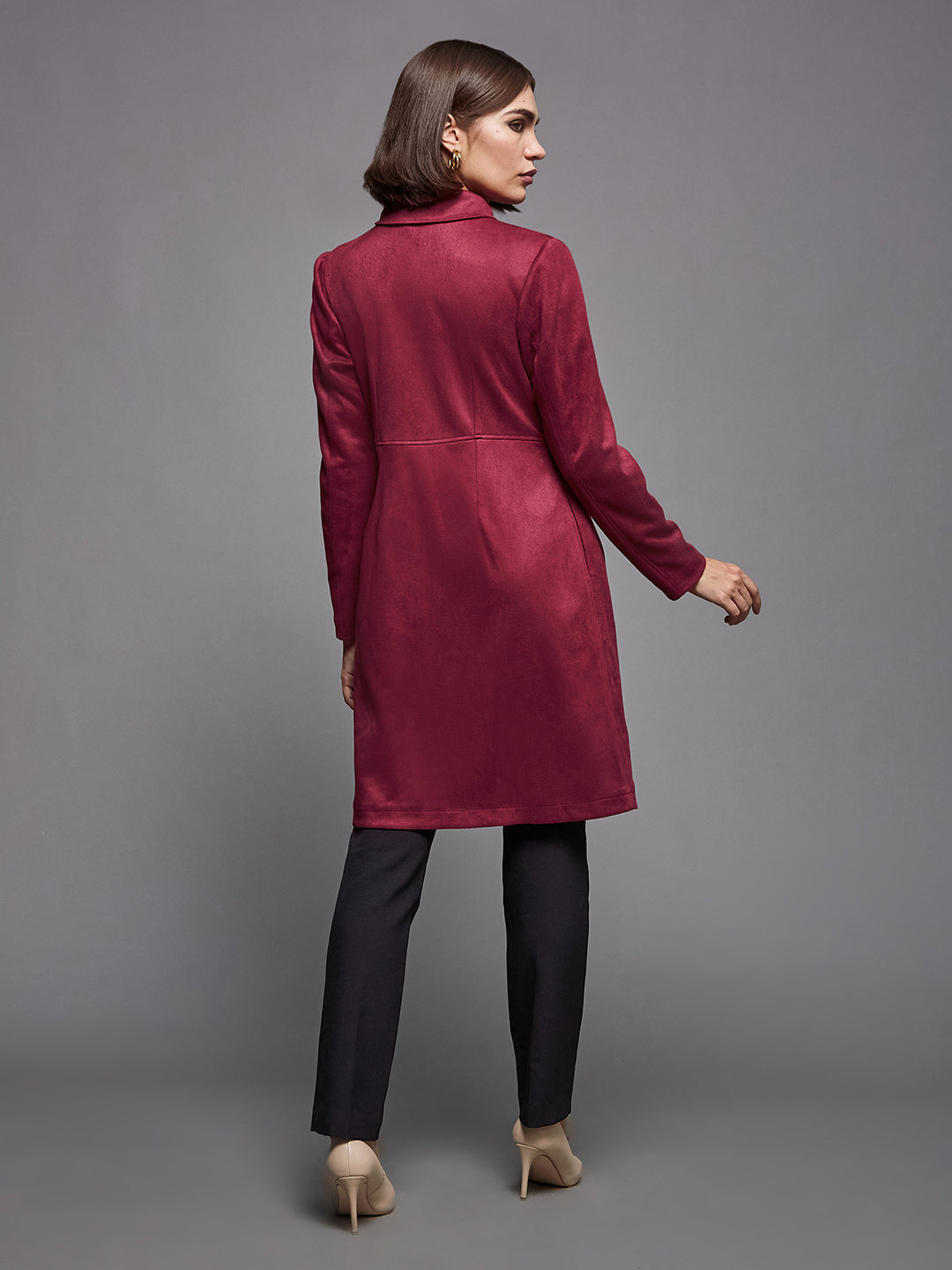 Women's Dark Red Shirt Collar Full-Sleeve Solid Knee-Long Winter Jacket