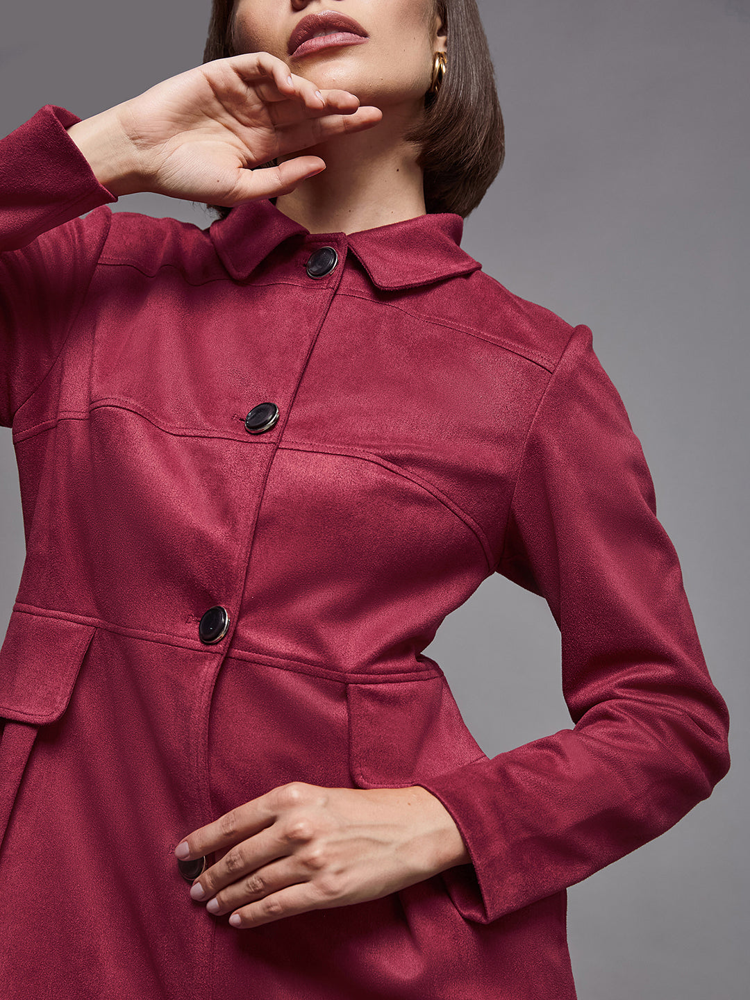 Women's Dark Red Shirt Collar Full-Sleeve Solid Knee-Long Winter Jacket