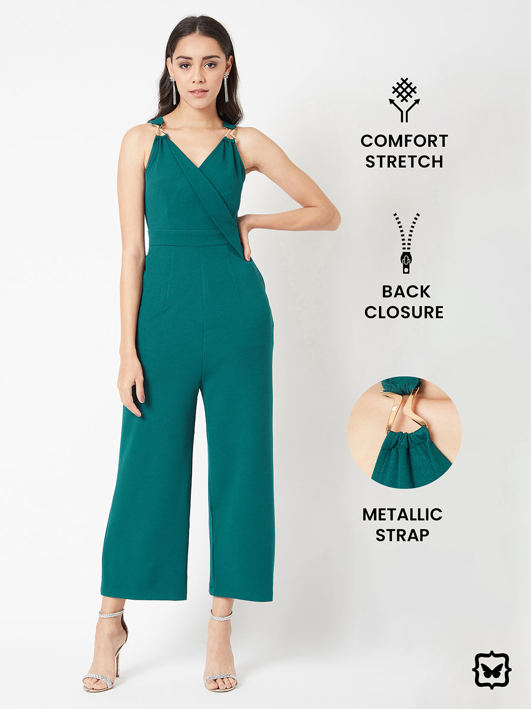 Crease Ease Women's Green V-Neck Sleeveless Solid Wrap Regular Length Jumpsuit