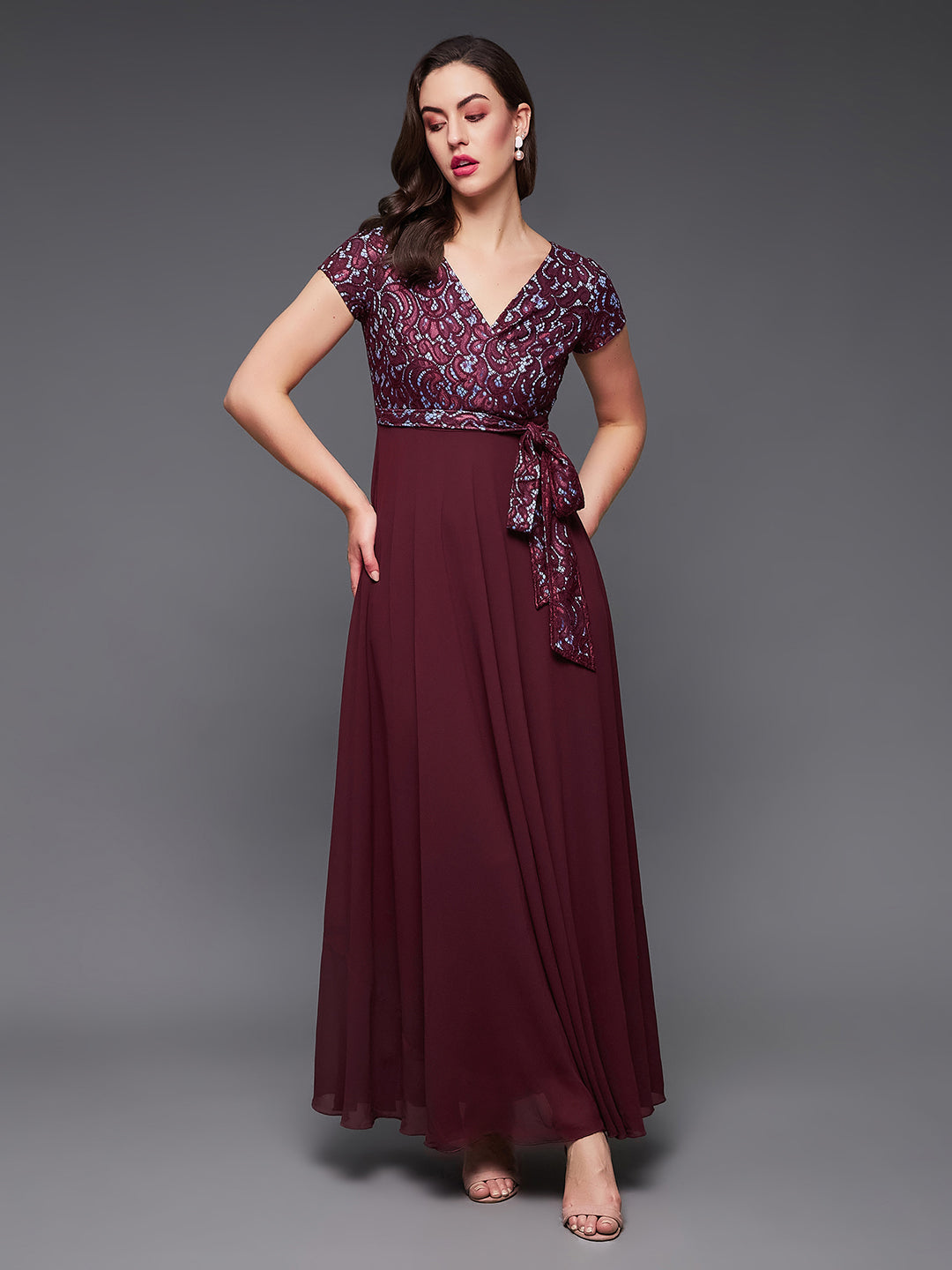 Women's Wine Colored V-Neck Short Sleeve Self Designed Lace Overlaid Maxi Georgette Dress