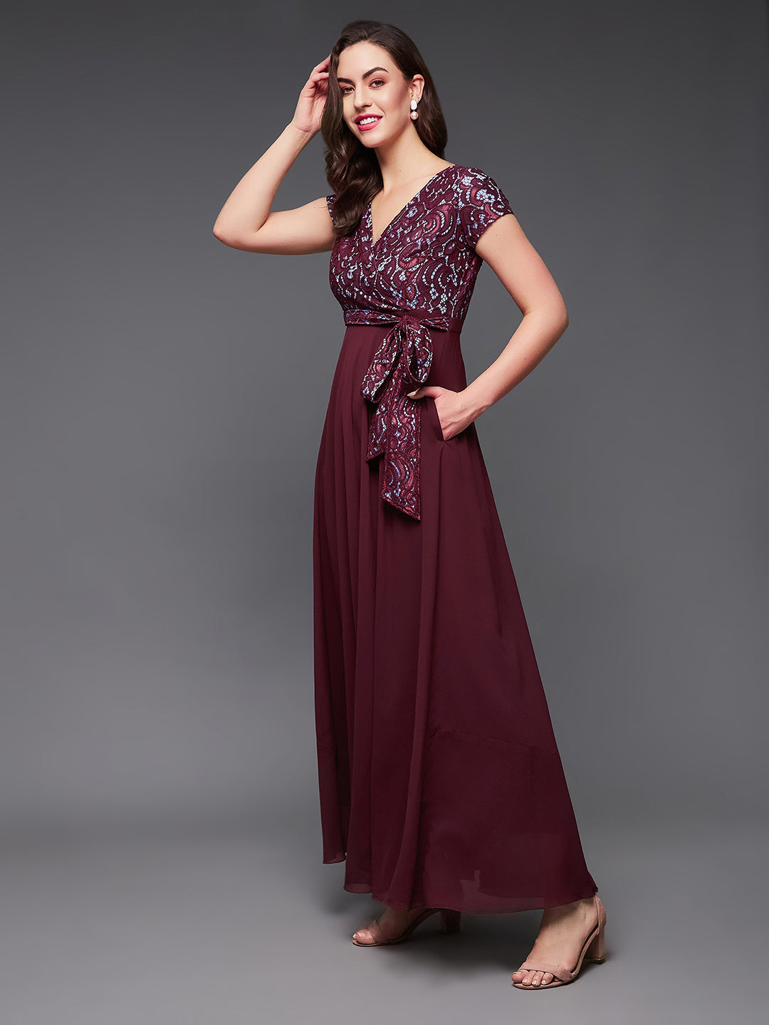 Women's Wine Colored V-Neck Short Sleeve Self Designed Lace Overlaid Maxi Georgette Dress