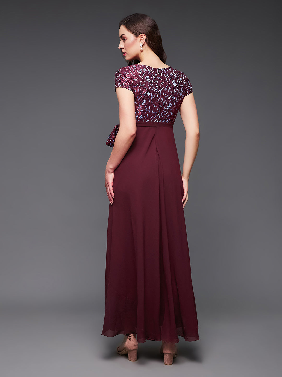 Women's Wine Colored V-Neck Short Sleeve Self Designed Lace Overlaid Maxi Georgette Dress